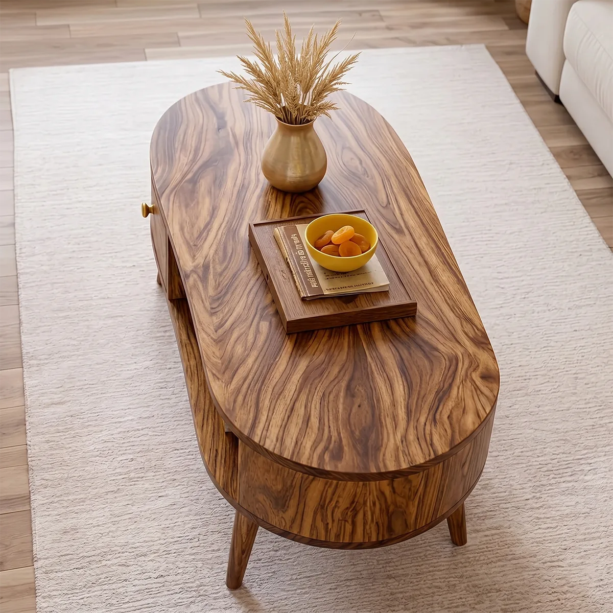 Mid Century Modern Solid Wood Oval Coffee Table with Drawer and Shelf