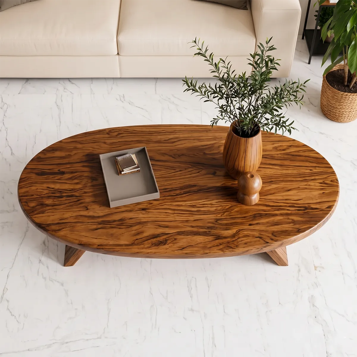 Modern Solid Wood Oval Coffee Table with Slanted Pedestal Legs