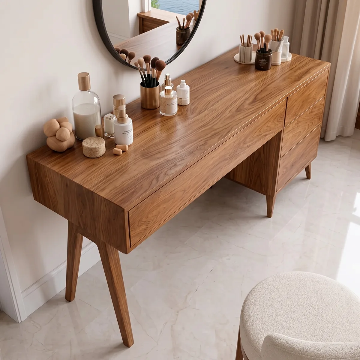 Modern Solid Wood Vanity Table with Side Drawers