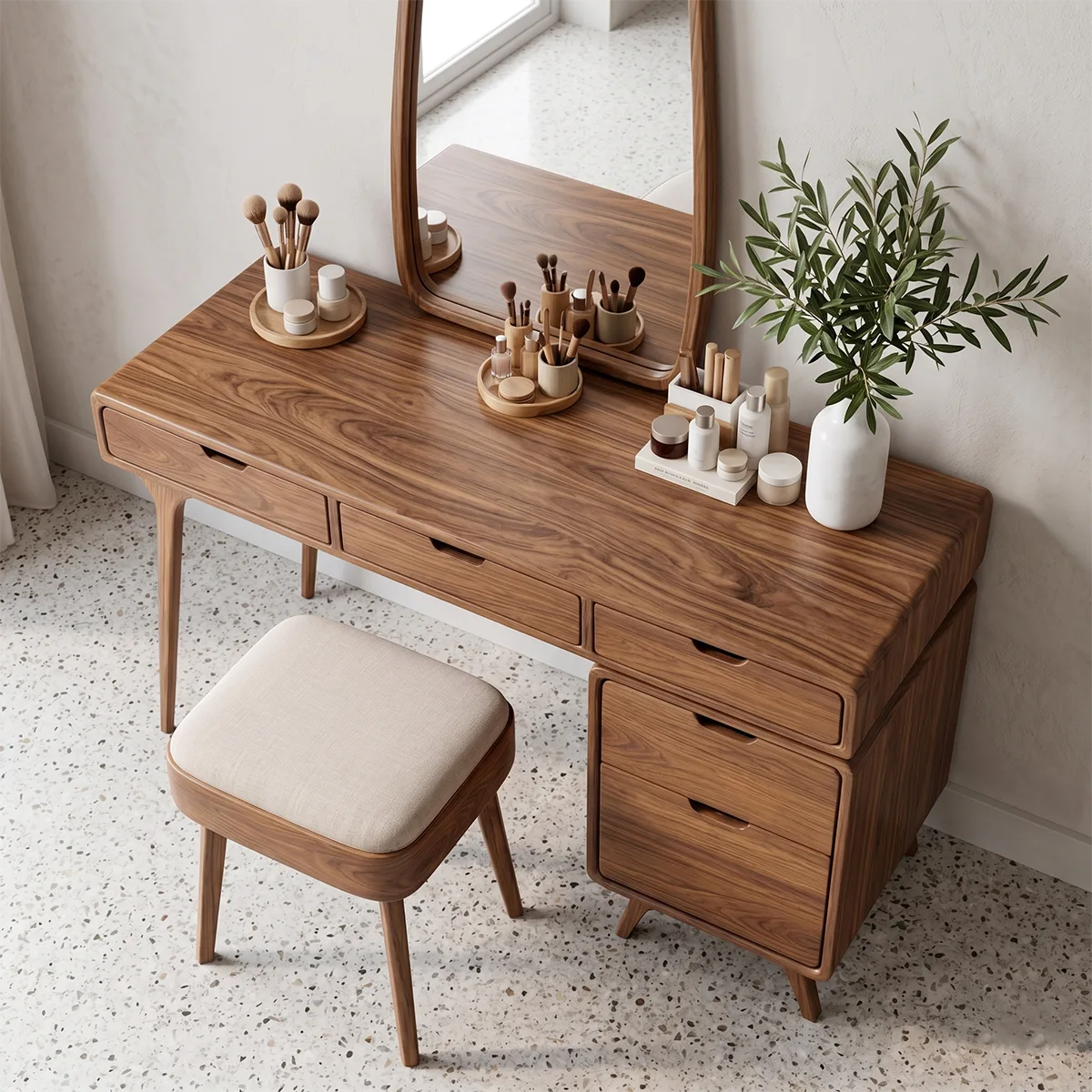 Mid-Century Solid Wood Vanity Desk with Mirror and Storage Drawers