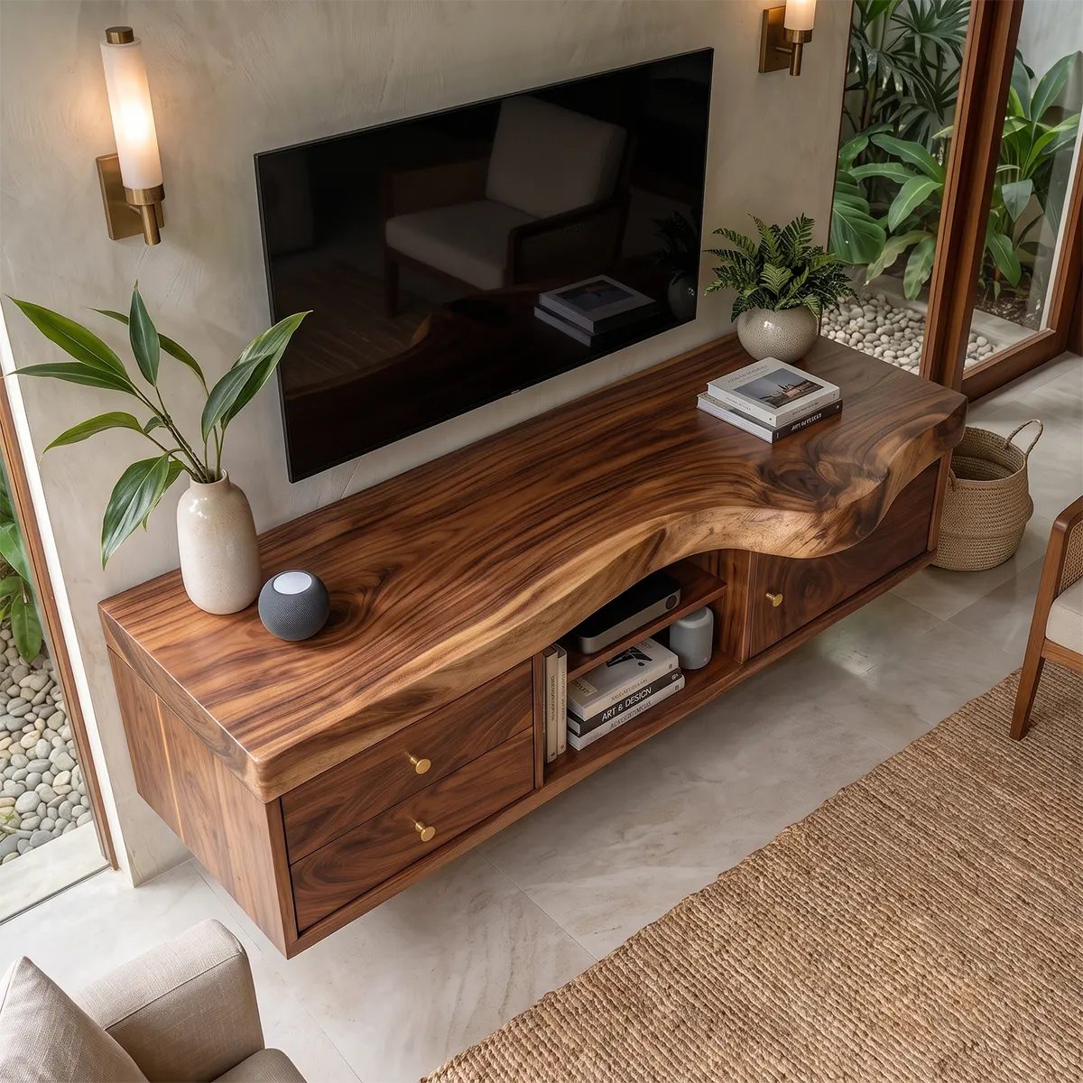 Modern TV Stand with 2 Drawers, Open Shelf & Cabinet | Natural Organic Media Console TT006-3ZLT6YV