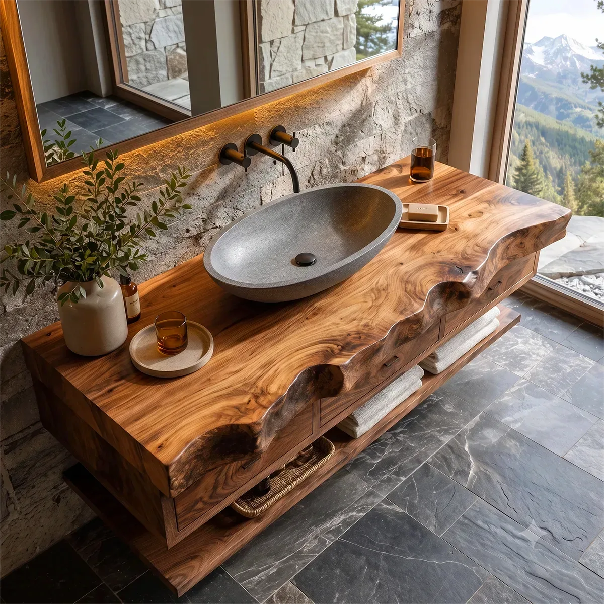 Floating Bathroom Vanity with 3 Drawers & Lower Shelf | Organic Edge Modern Vanity TT006-3IEZ4XF