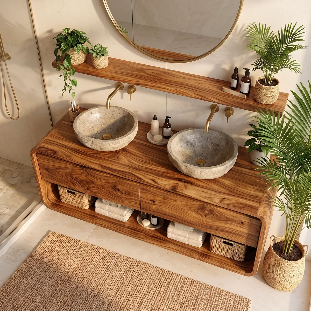Floating Double Bathroom Vanity with 2 Drawers & Open Shelf | Rounded Organic Modern Design TT006-7NDV5OI