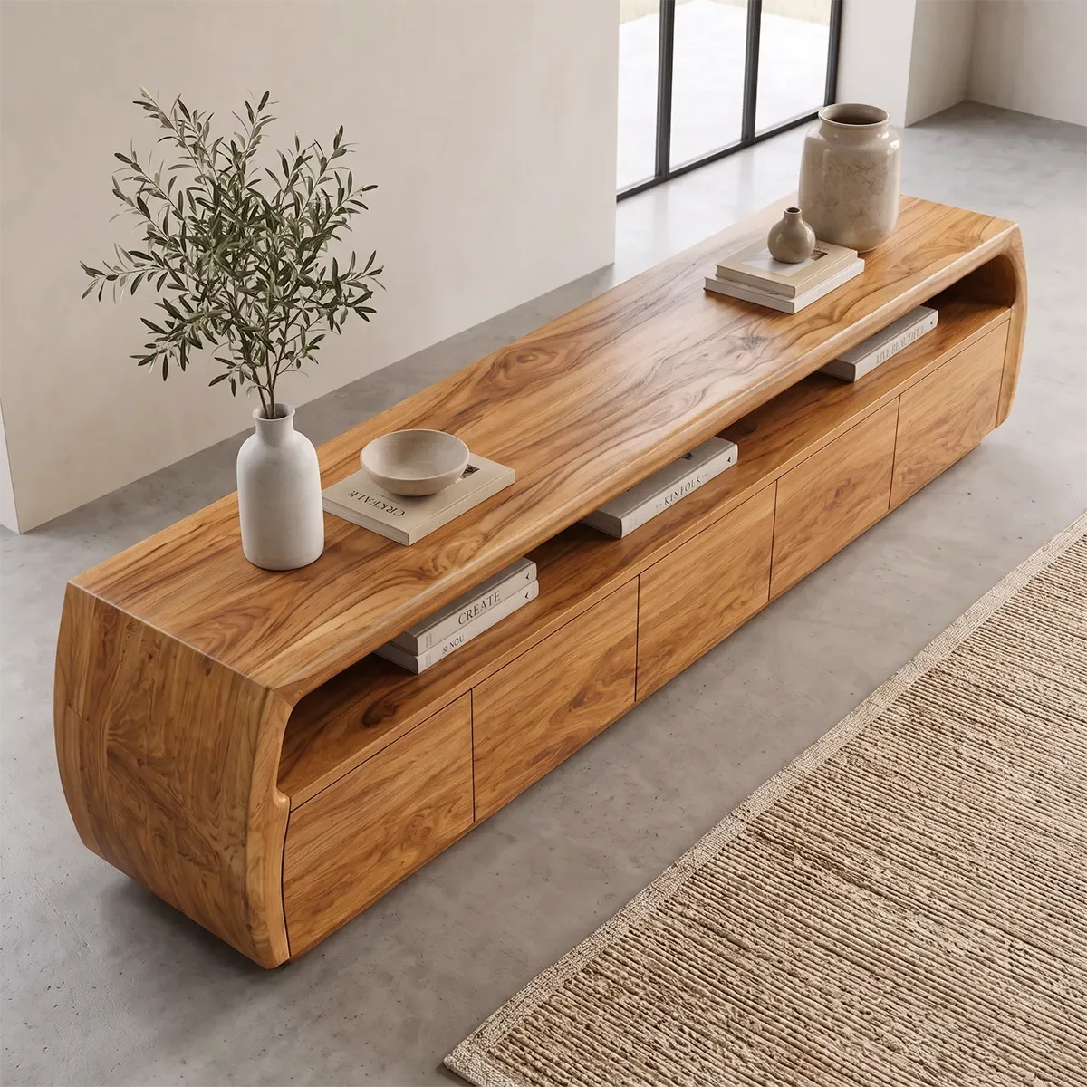 Modern TV Stand with 5 Enclosed Storage Compartments & Open Shelf | Curved Media Console TT006-2HKN9KV