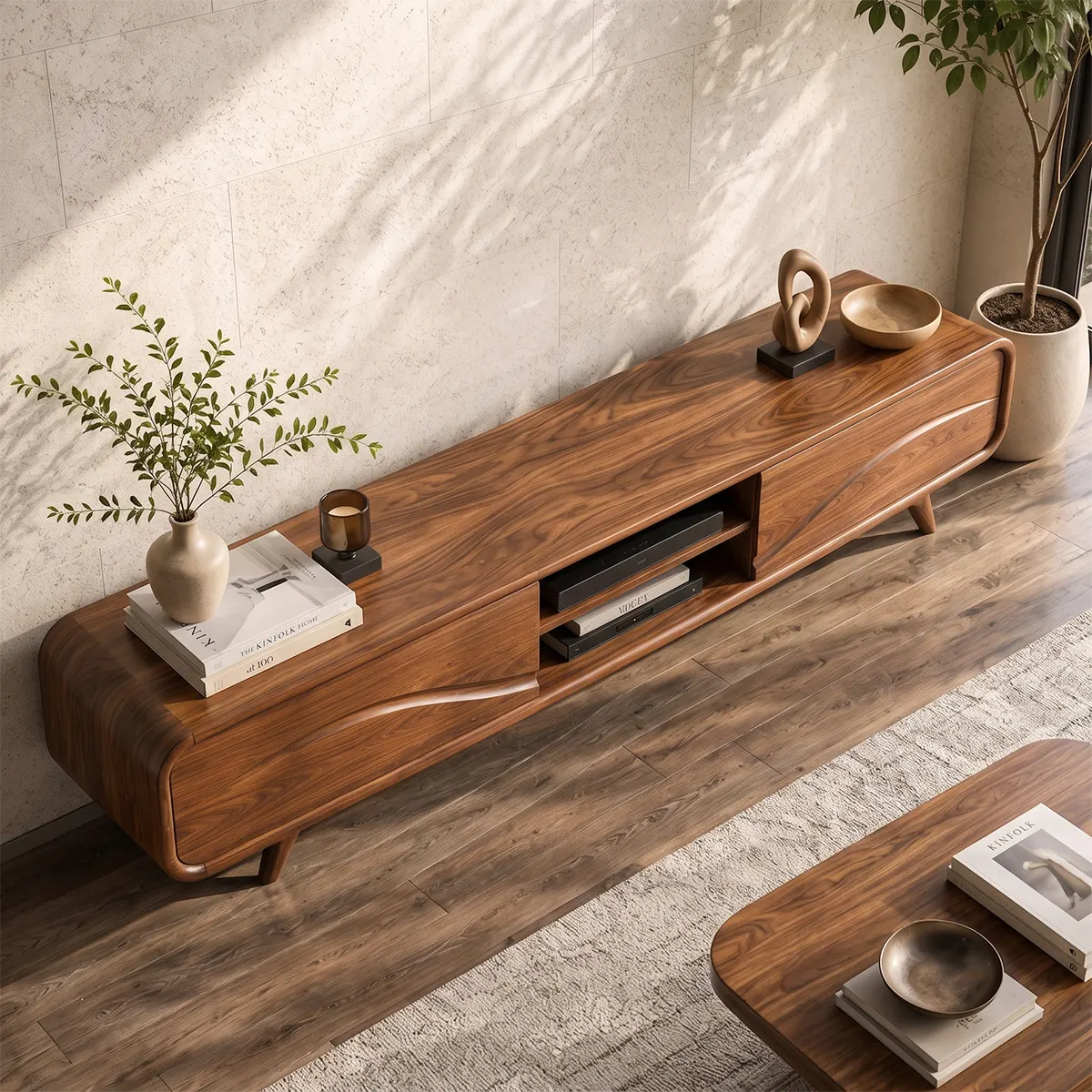 Modern TV Stand with 2 Open Shelves & Enclosed Storage | Sculptural Wave Media Console TT006-7PJS6KB