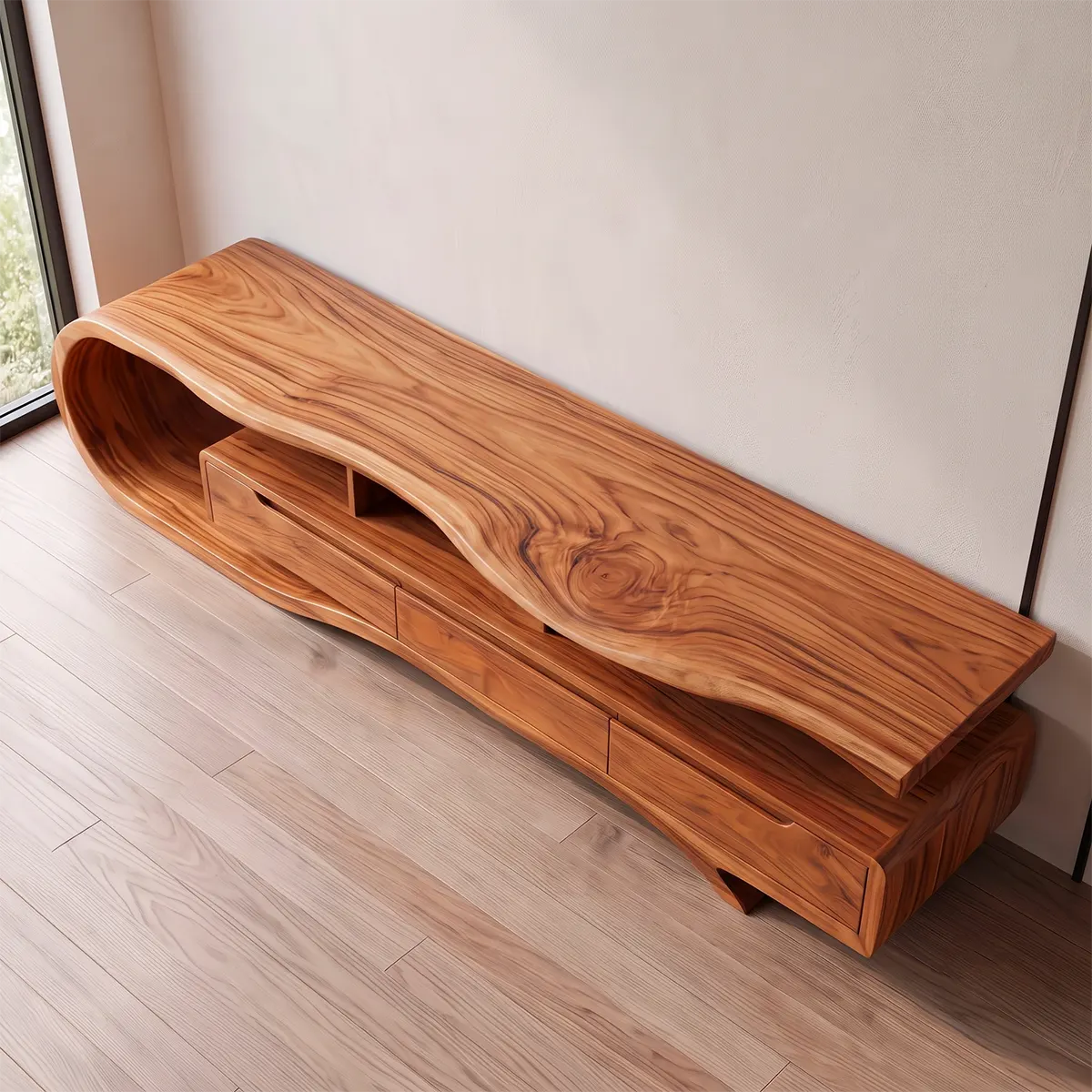 Sculptural Curved TV Stand with 3 Drawers & Open Storage | Modern Low Profile Media Console TT006-4OMT8HH