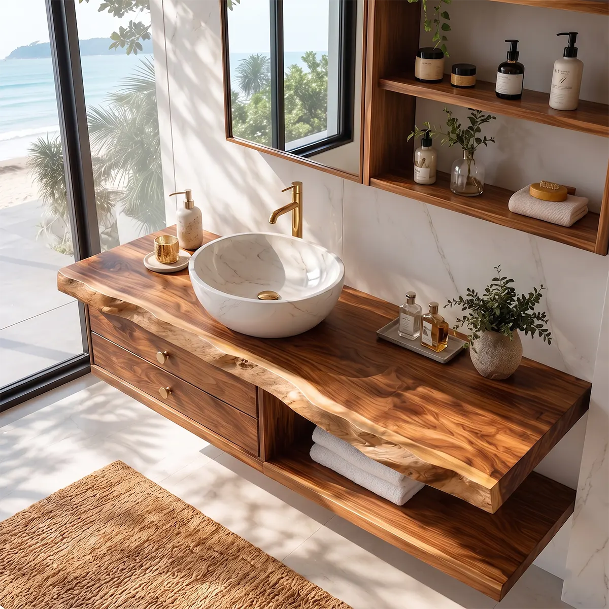 Live Edge Floating Bathroom Vanity | Wall Mounted Vanity with Drawers & Open Shelf TT006-4WJO5CA