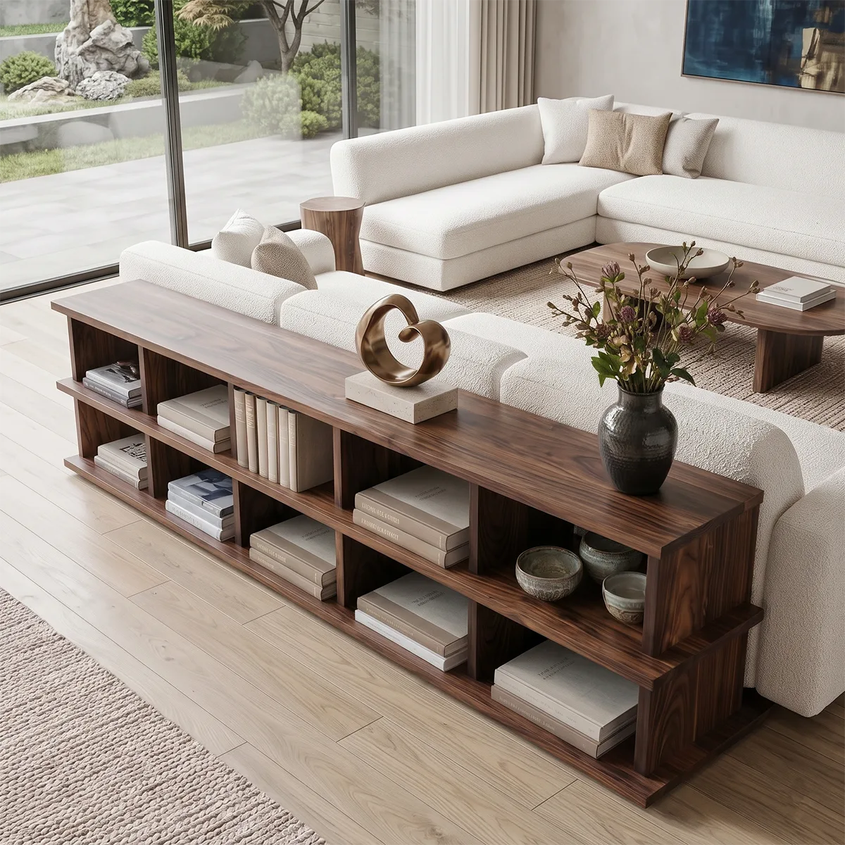Low Profile Open Bookshelf | Long Modern Bookcase with Multi-Cubby Storage HG021-7BZB7HG