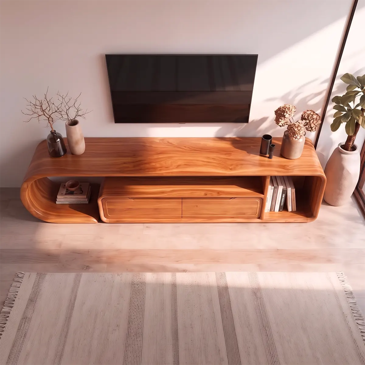 Modern Sculptural TV Stand with 2 Drawers & Open Storage | Curved Low Profile Media Console TT006-8OVX9CA