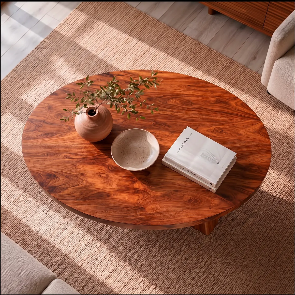 Round Solid Wood Coffee Table | Modern Hardwood Cocktail Table with Sculptural Pedestal Base TT006-5916
