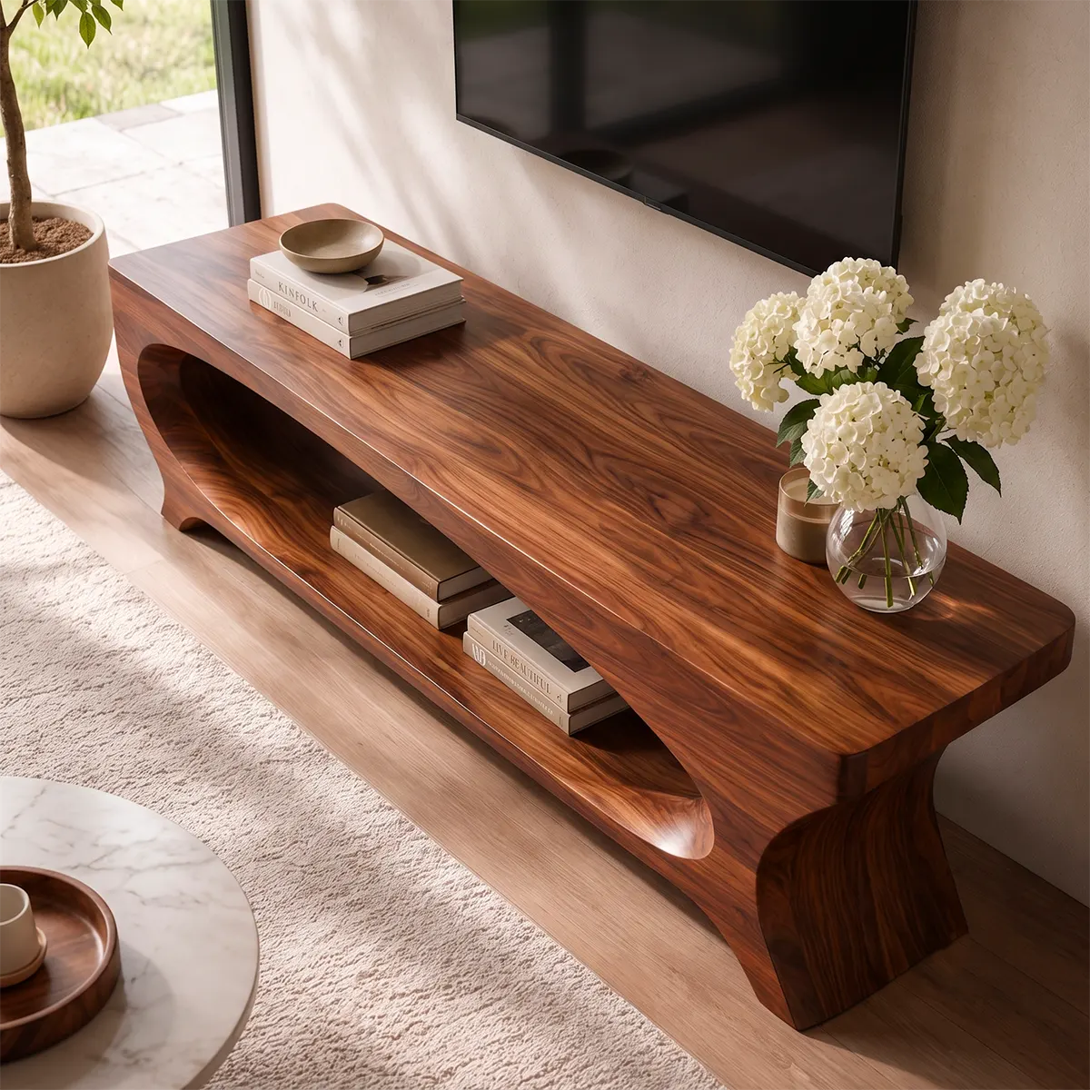 Sculptural Curved TV Stand with Large Open Shelf | Modern Low Profile Media Console TT006-7JCI6KI