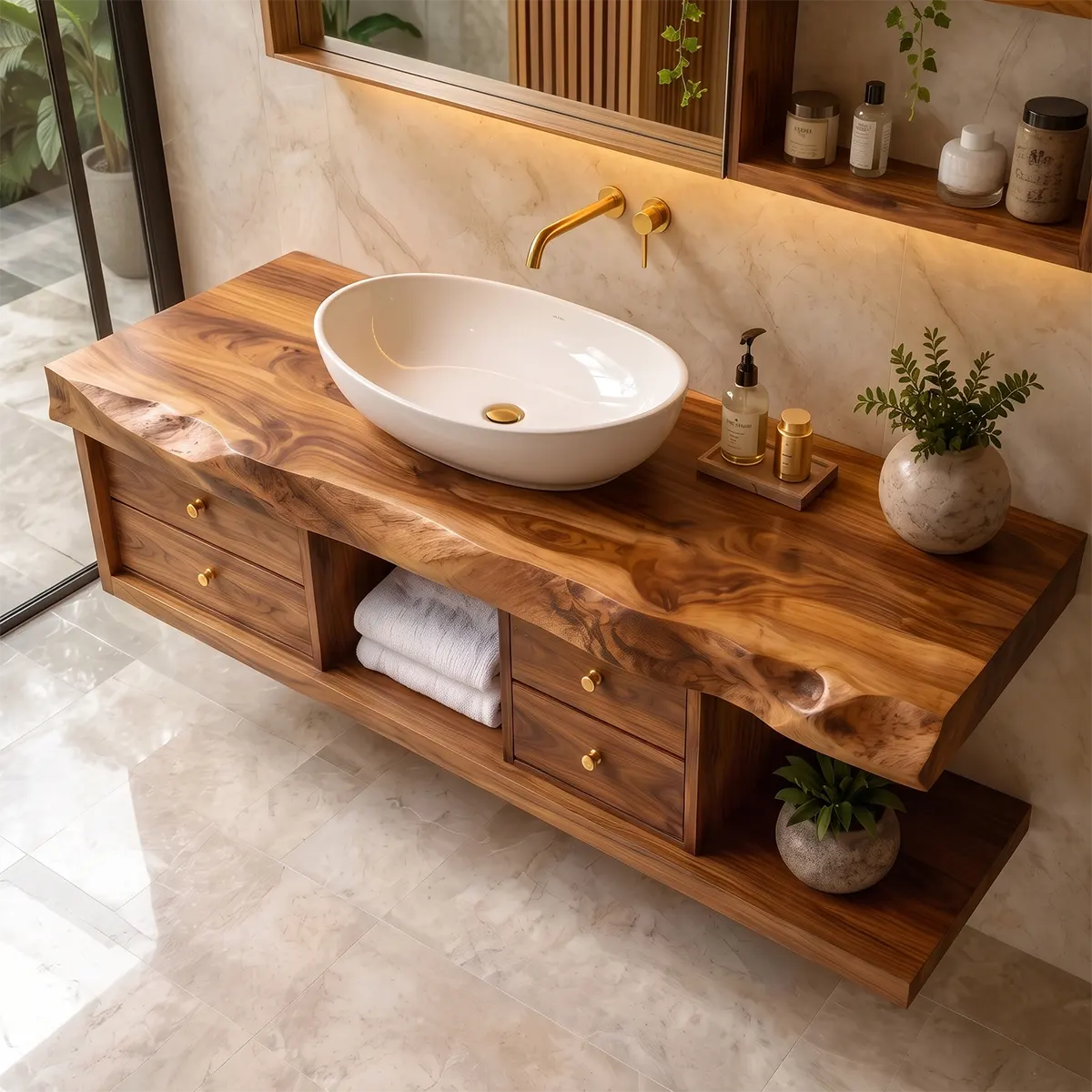 Live Edge Floating Bathroom Vanity | Wood Vanity with Drawers & Open Storage TT006-4VIS1BS