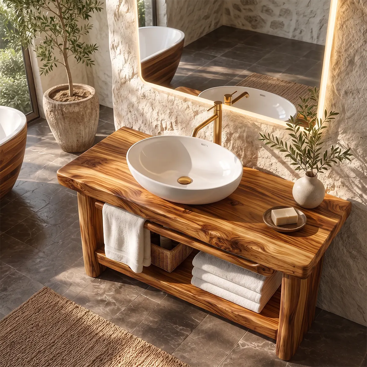 Freestanding Bathroom Vanity with Open Shelf & Towel Bar | Organic Modern Design TT006-4KEH4XG