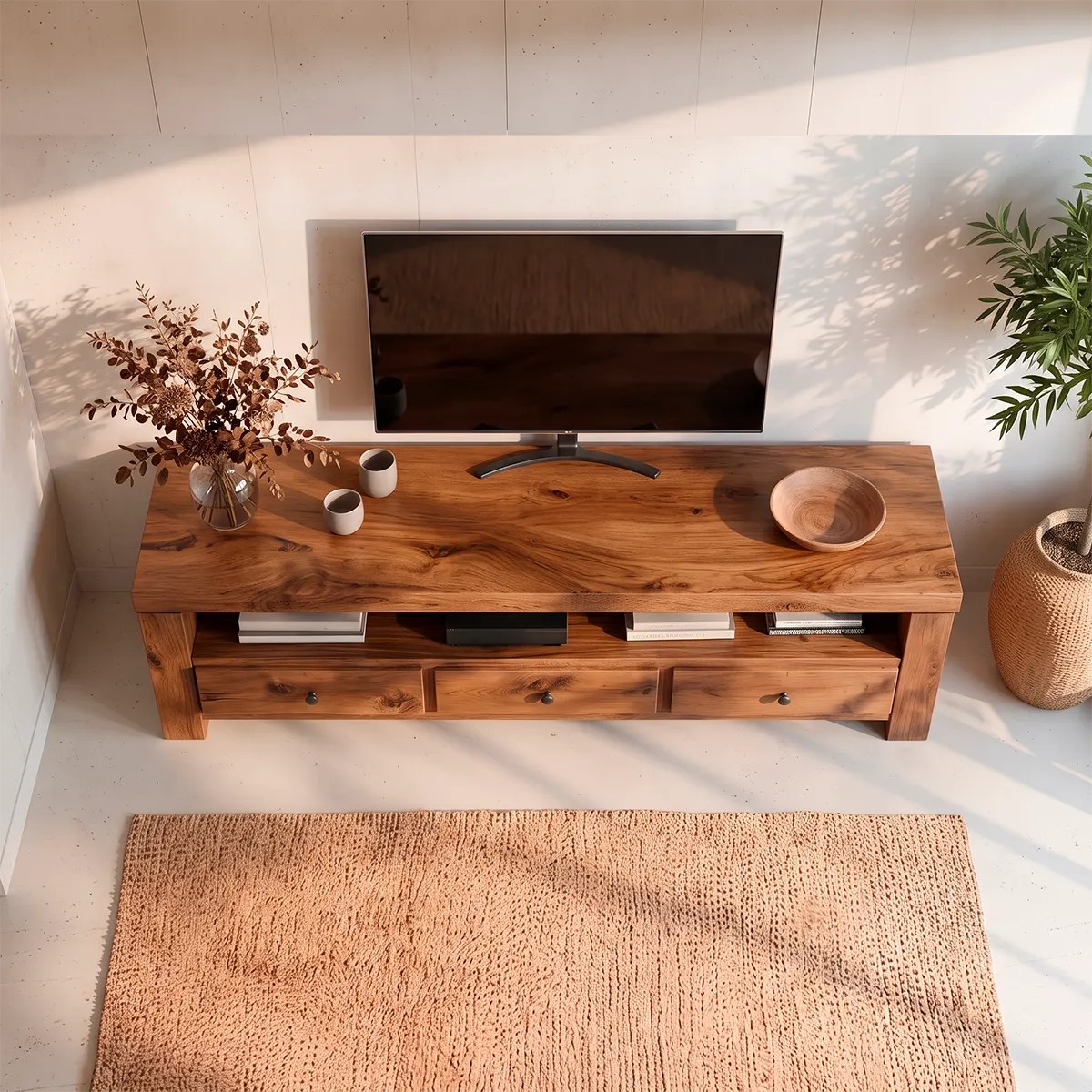 Modern TV Stand with 3 Drawers & Open Media Shelf | Rustic Wood Entertainment Console TT006-5YVS8FX