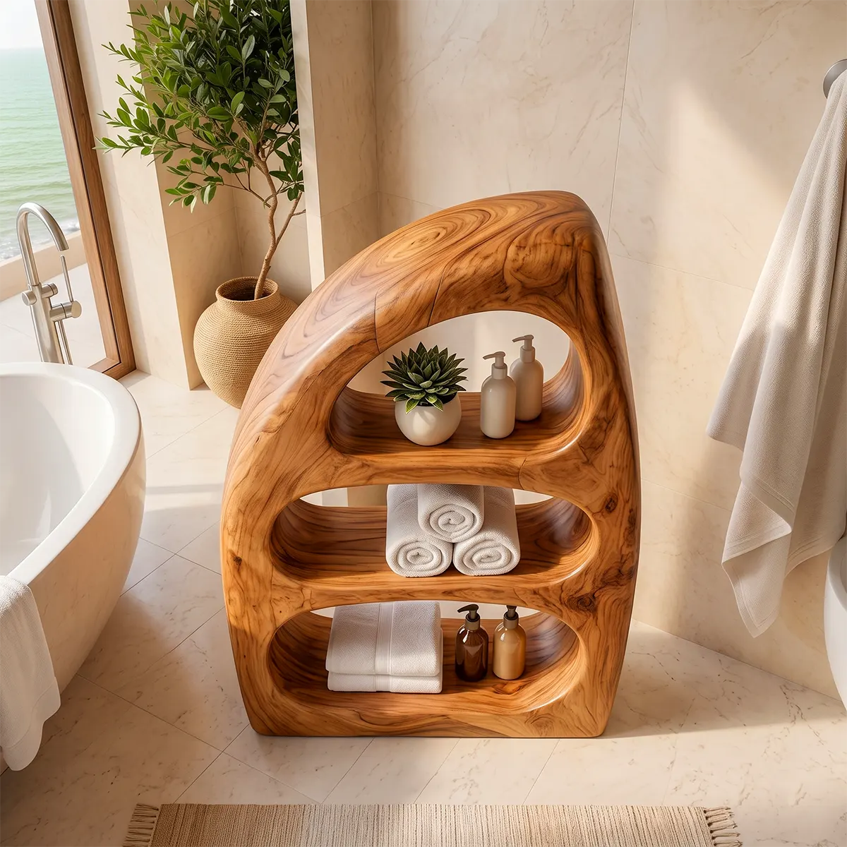 Sculptural Bathroom Cabinet with 3 Open Shelves | Organic Modern Storage TT006-2YFR1YX