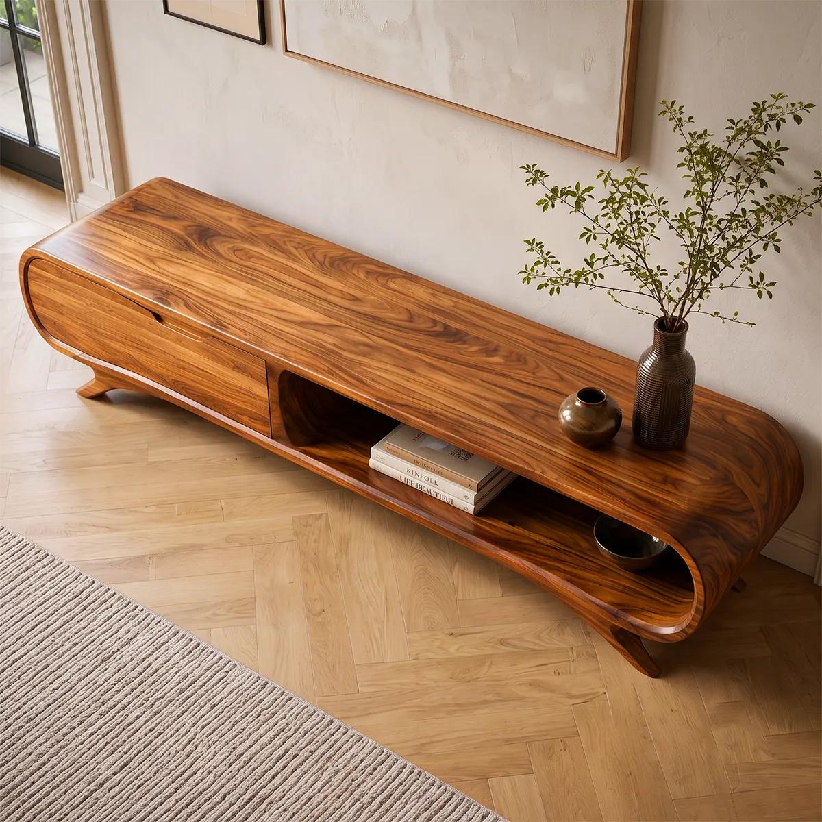 Modern Curved TV Stand with Large Drawer & Open Storage | Sculptural Media Console TT006-3JHB2OI