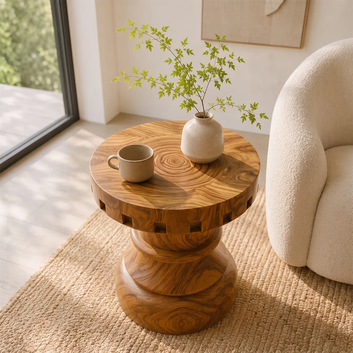 Sculptural Square Notch Wood End Table | Round Turned Pedestal Side Table TT006-7CML8BQ