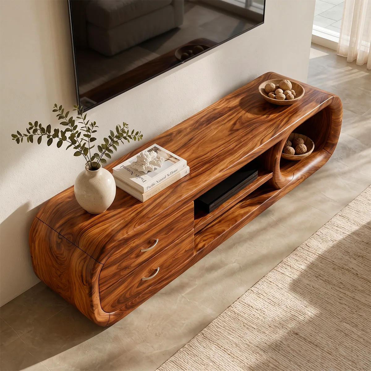 Modern Curved TV Stand with 2 Drawers & 3 Open Storage Areas TT006-8EDM7QK