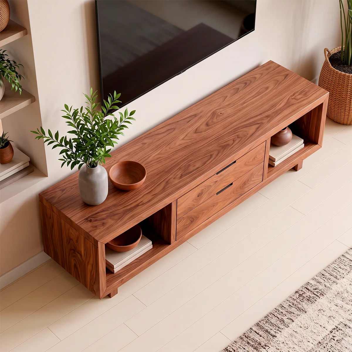 Modern TV Stand with 2 Drawers & 2 Open Storage Compartments | Low Profile Media Console TT006-9TIA4NA