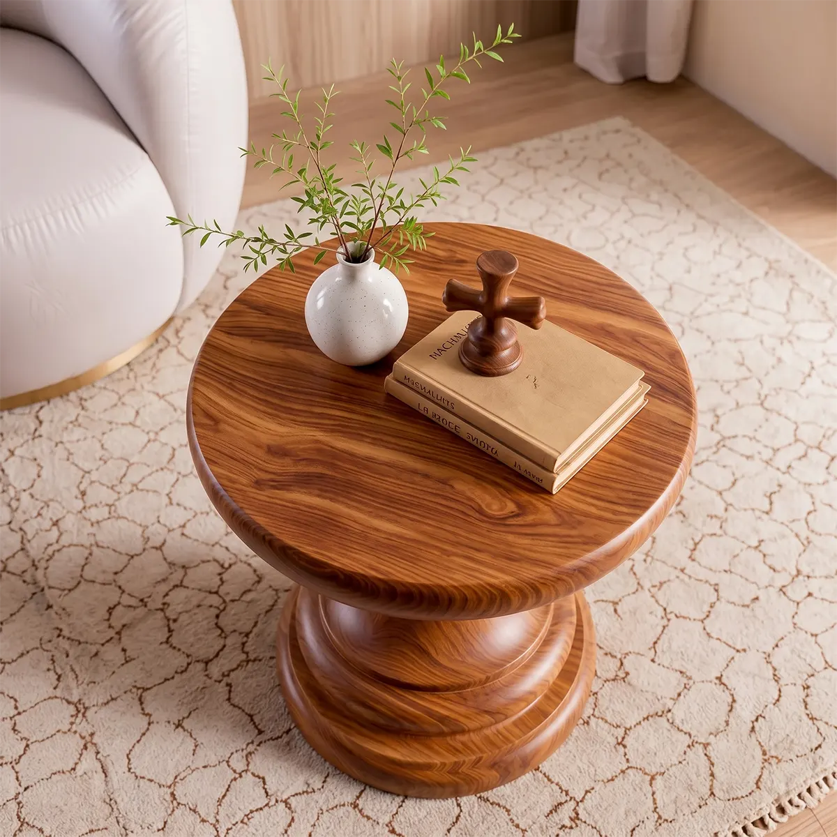 Sculptural Turned Wood Pedestal End Table | Round Statement Side Table TT006-1IPZ4IE