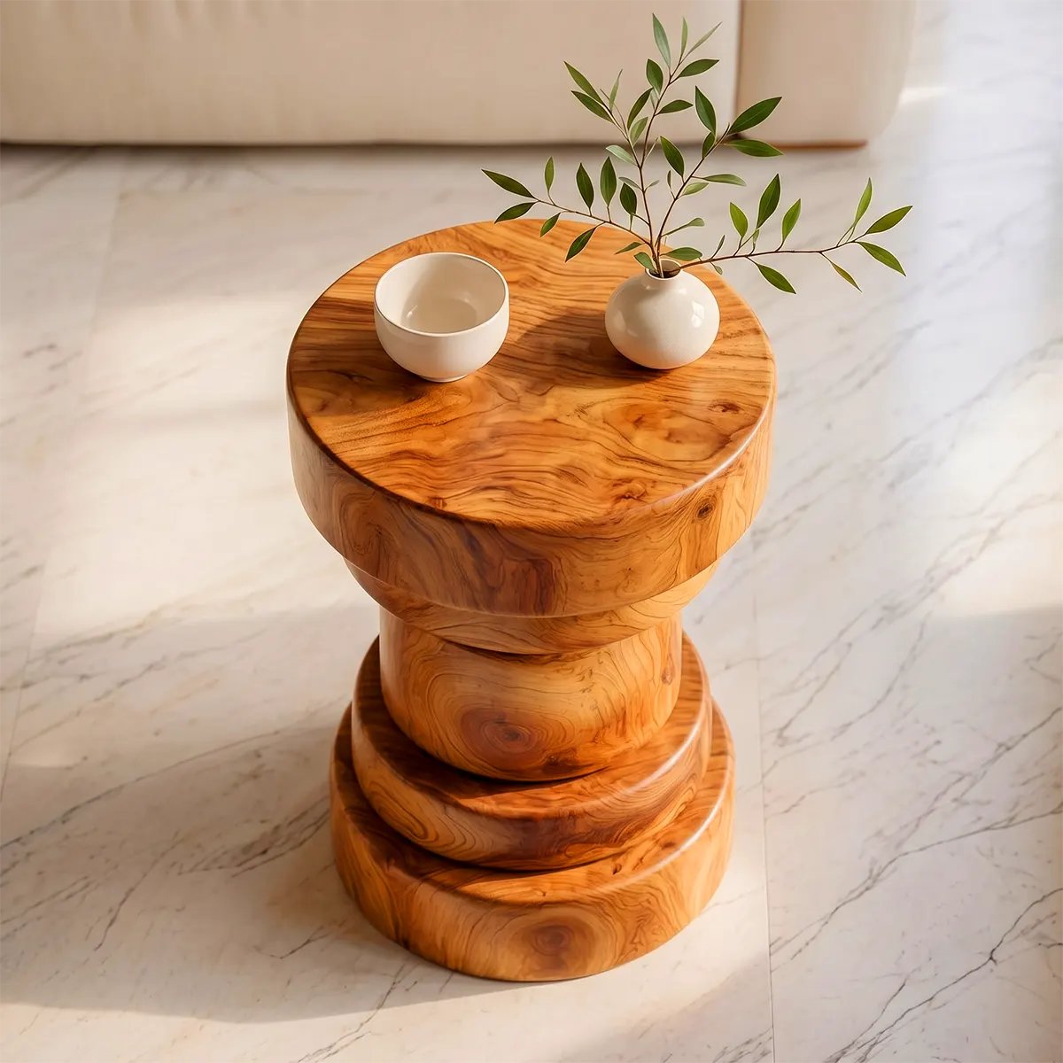 Sculptural Stacked Drum Wood End Table | Round Pedestal Side Table TT006-3TKS6LF