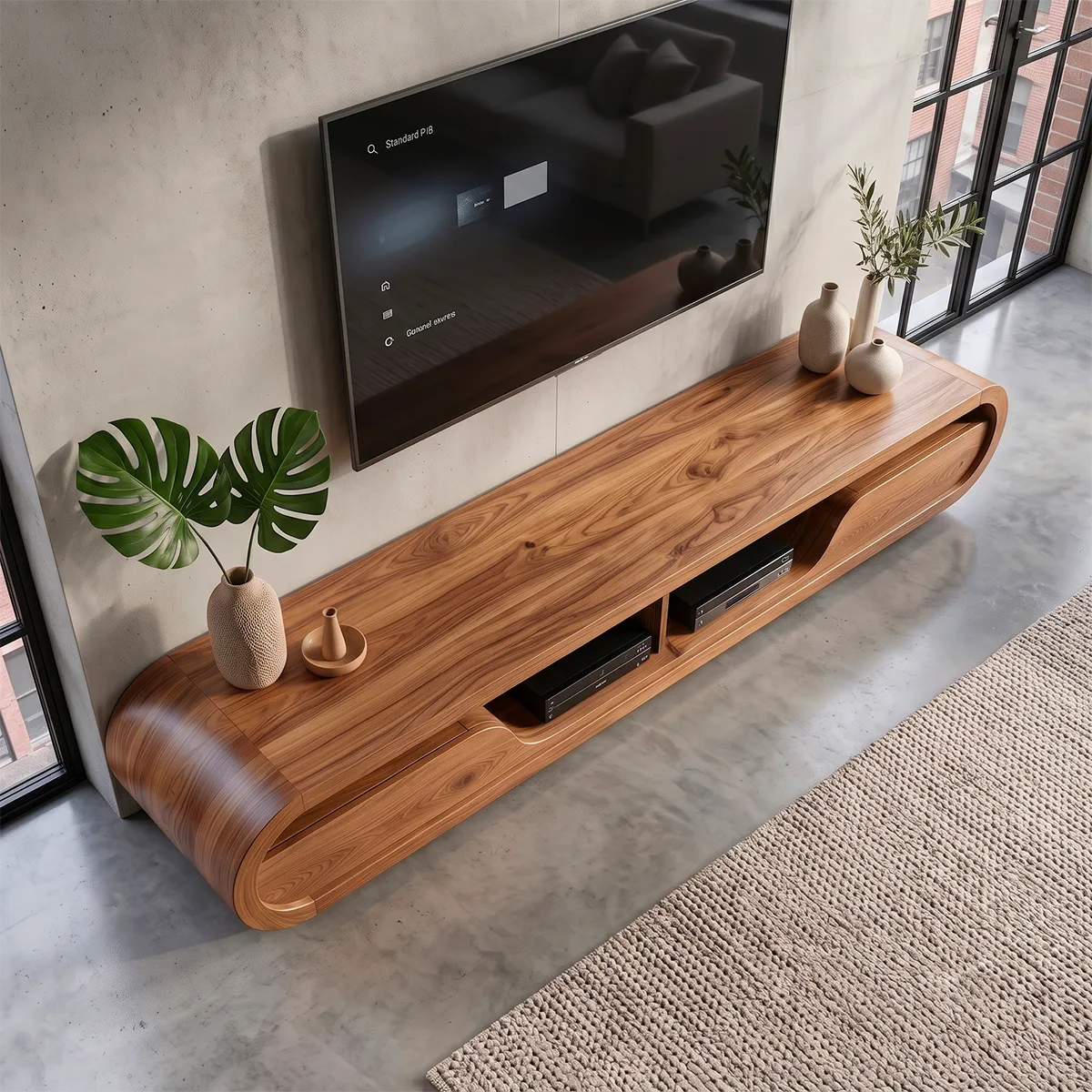Modern Curved TV Stand with 2 Open Media Compartments | Sculptural Low Profile Console TT006-4KOT9JE
