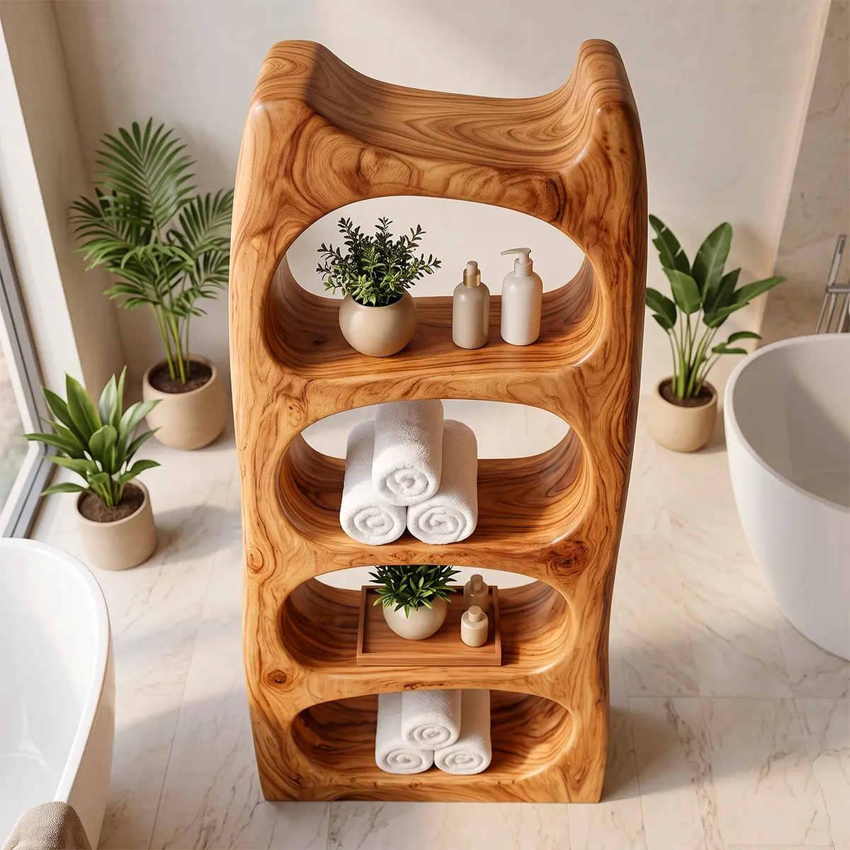 Tall Bathroom Storage Cabinet with Open Shelves | Sculptural Organic Modern Storage Tower TT006-3KAU7XR