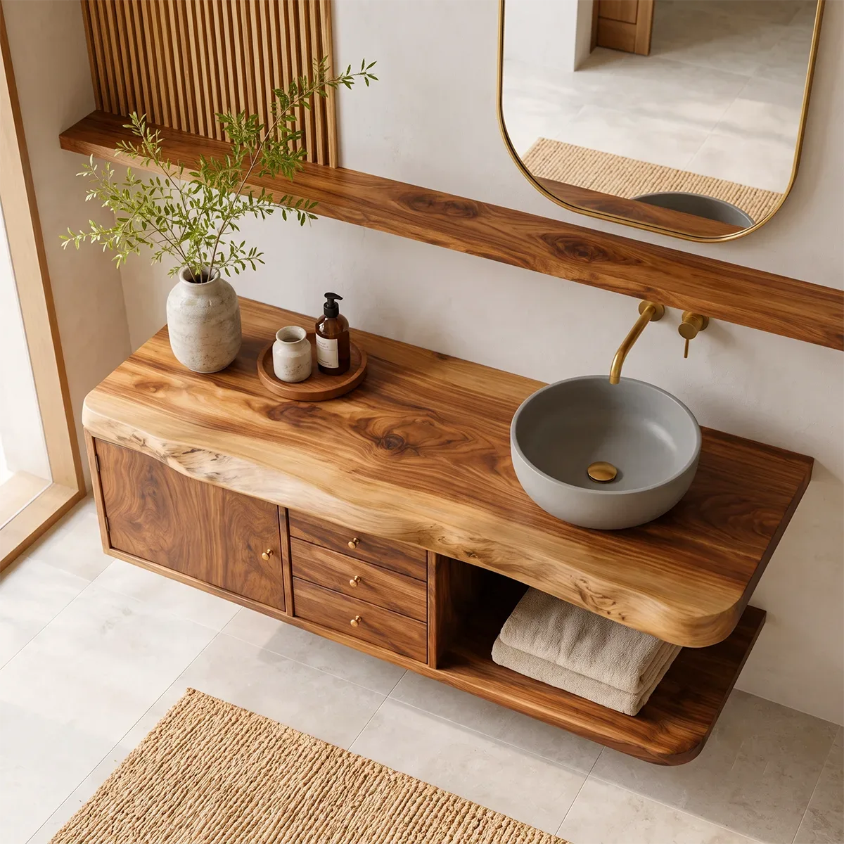 Floating Bathroom Vanity with 3 Drawers & Open Shelf | Modern Organic Design TT006-1XDO9BG