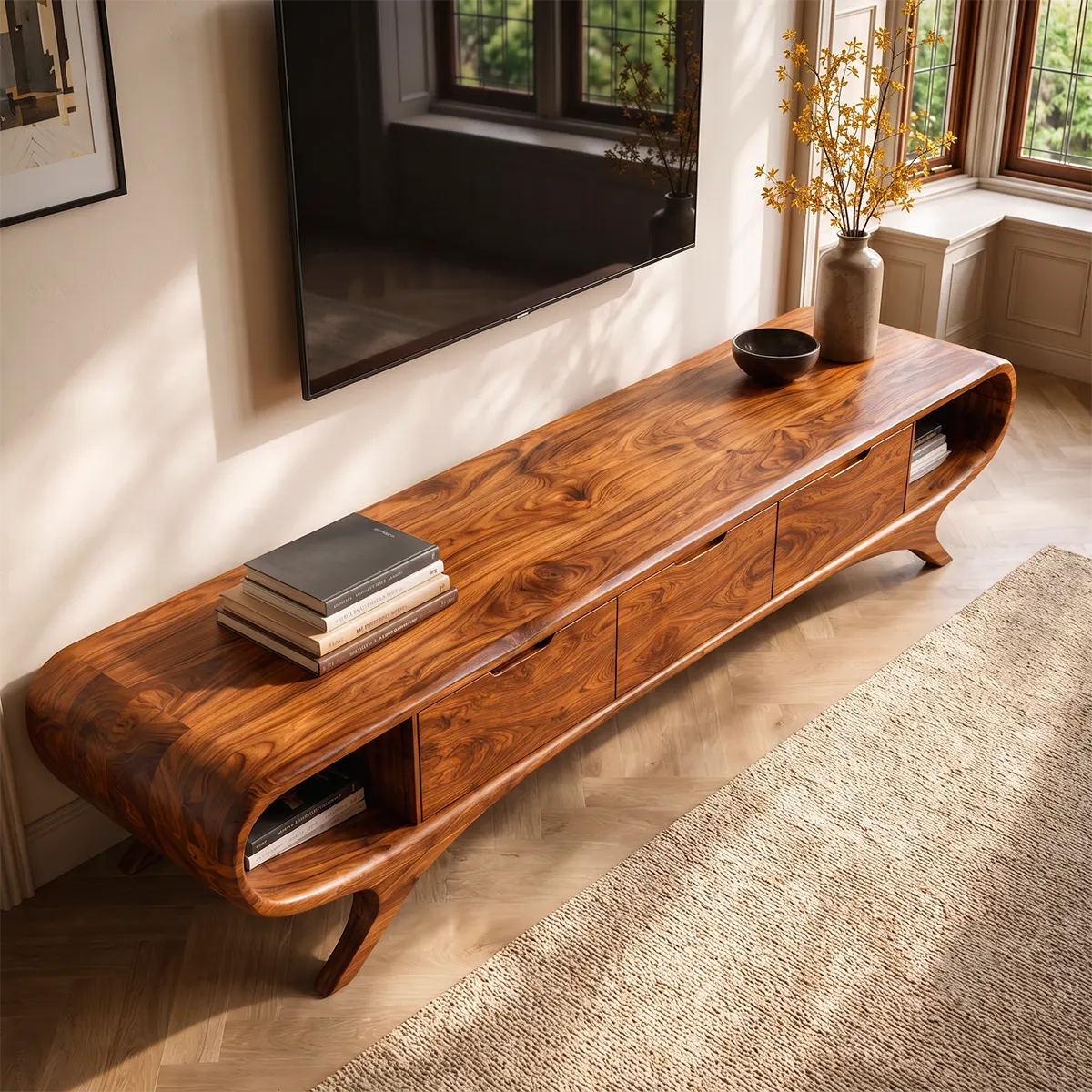 Modern Curved TV Stand with 3 Drawers & 2 Open Side Compartments TT006-3IYZ7XH