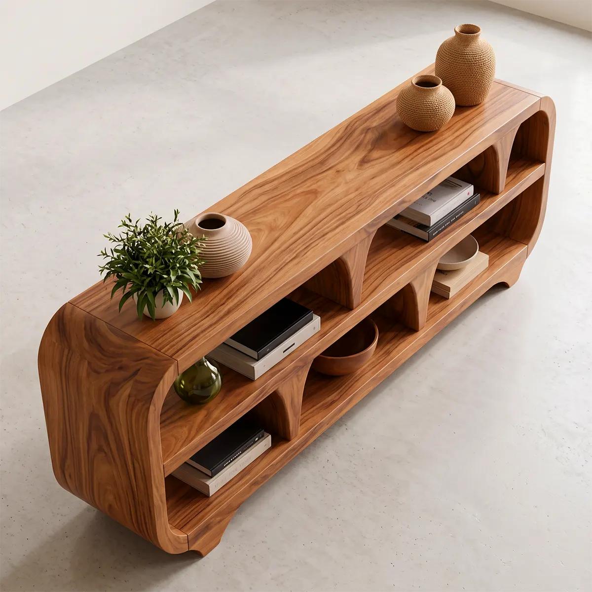 Modern Open Shelf TV Stand with Sculptural Curved Design | Organic Media Console TT006-6RPU8SU