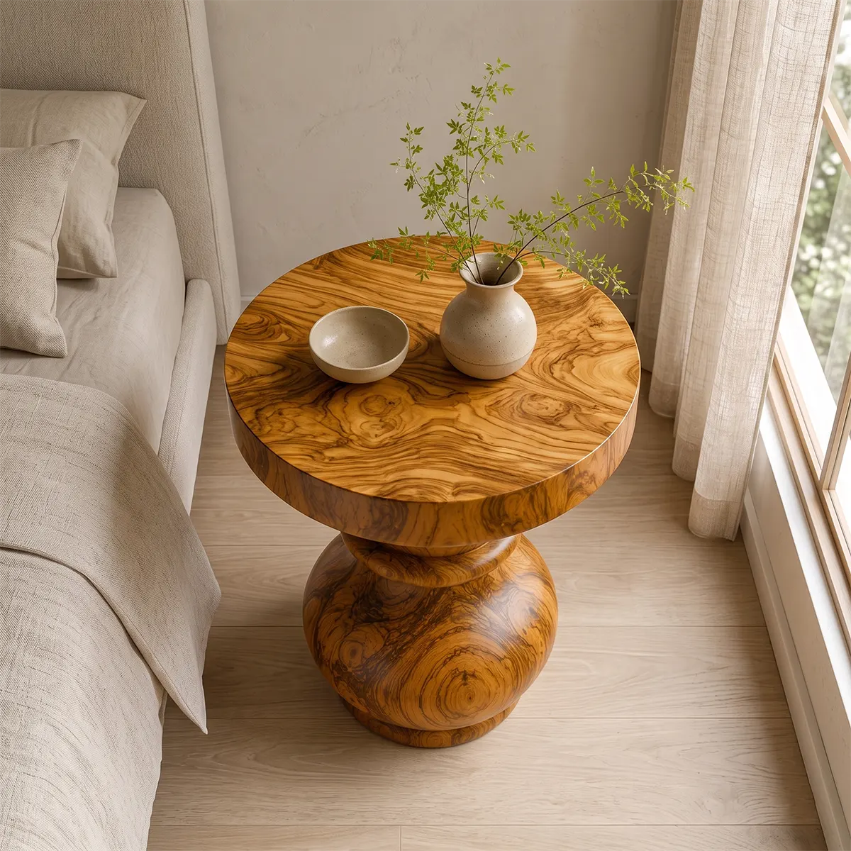 Sculptural Lotus Pedestal Wood End Table | Round Statement Side Table TT006-6BCF9JT