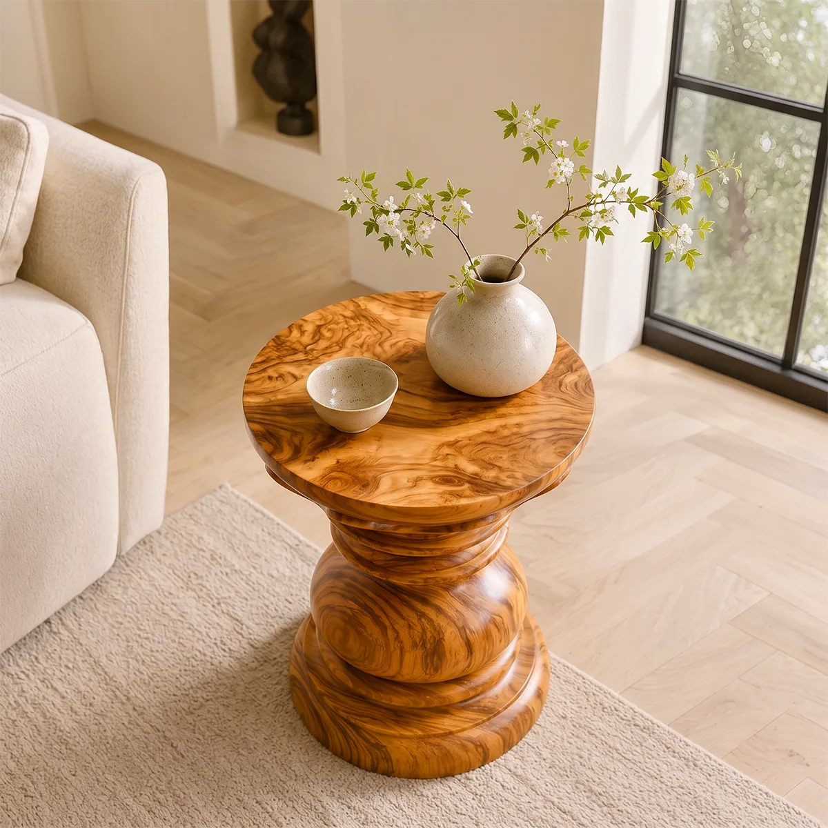Sculptural Crown Pedestal Wood End Table | Round Carved Side Table TT006-9TFS8ZN