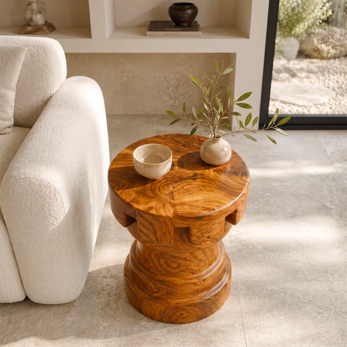 Sculptural Notched Wood End Table | Round Tiered Pedestal Side Table TT006-9MJB5ED
