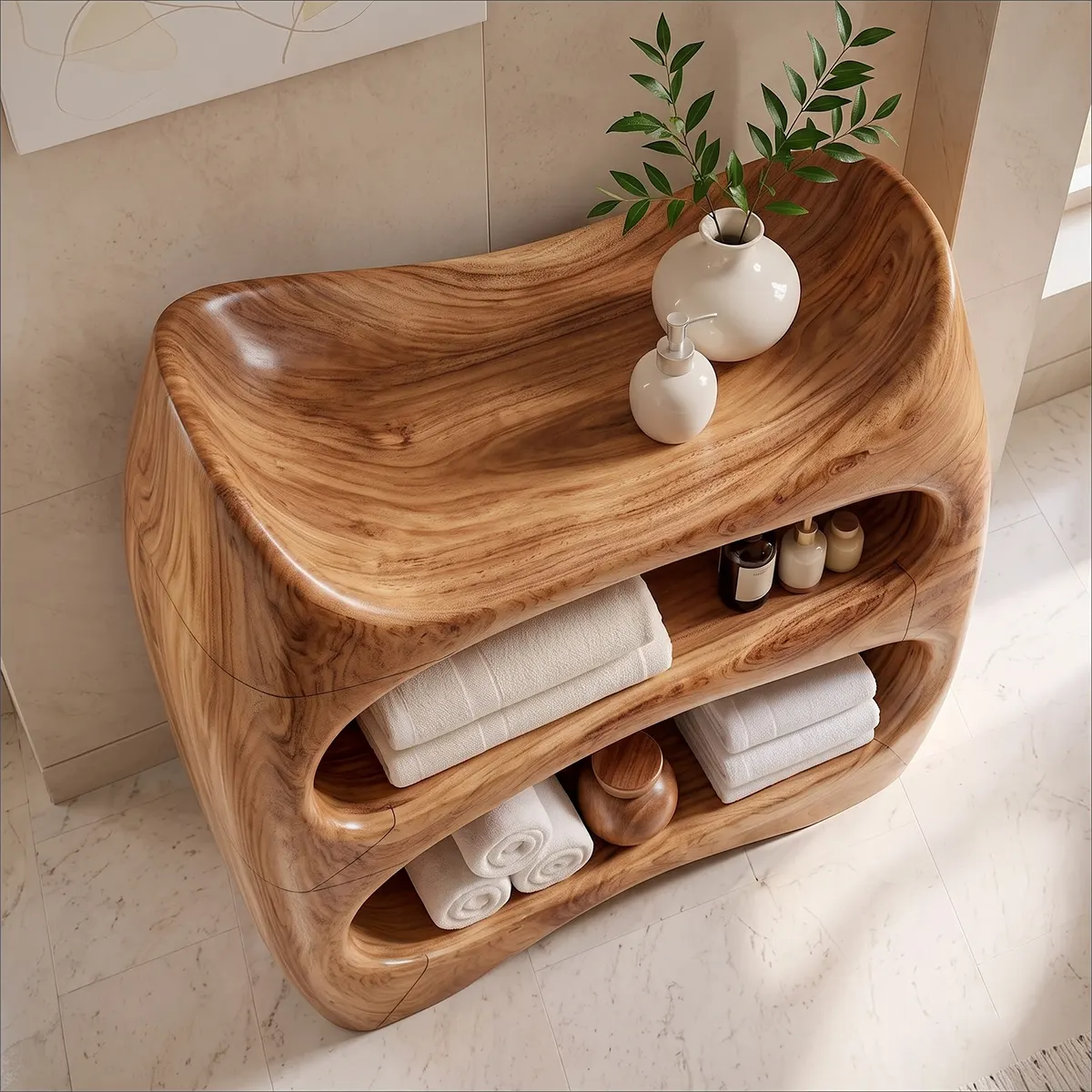 Sculptural Bathroom Vanity with Open Shelves | Freestanding Curved Vanity TT006-5ZSC4PA
