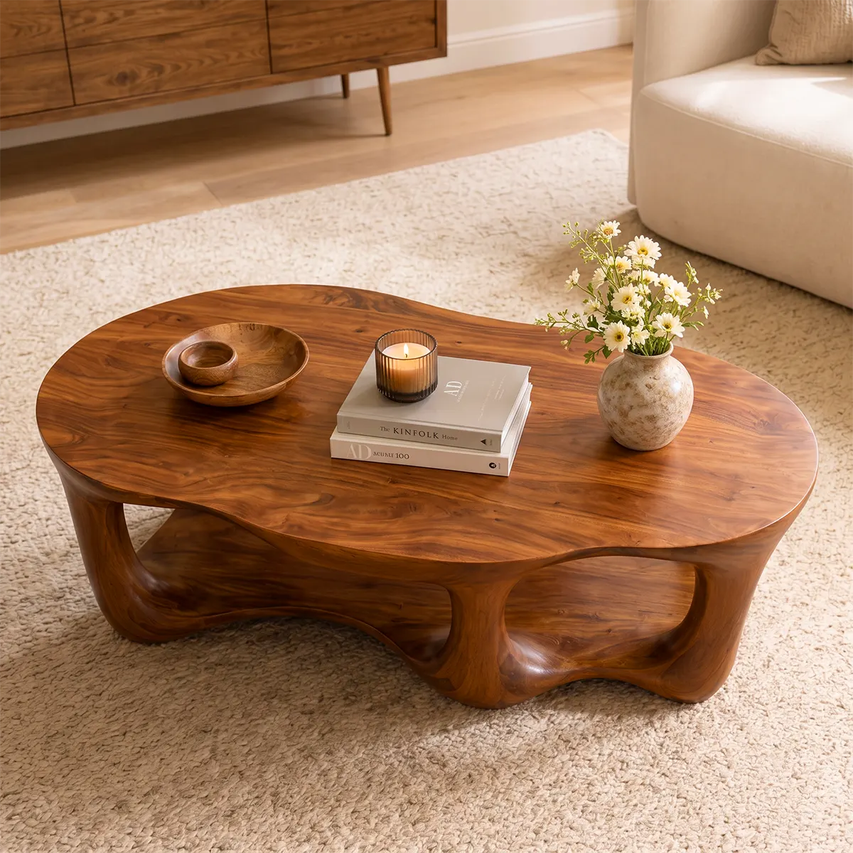 Sculptural Organic Coffee Table with Open Lower Shelf | Modern Living Room Center Table TT006-3VXG8WB