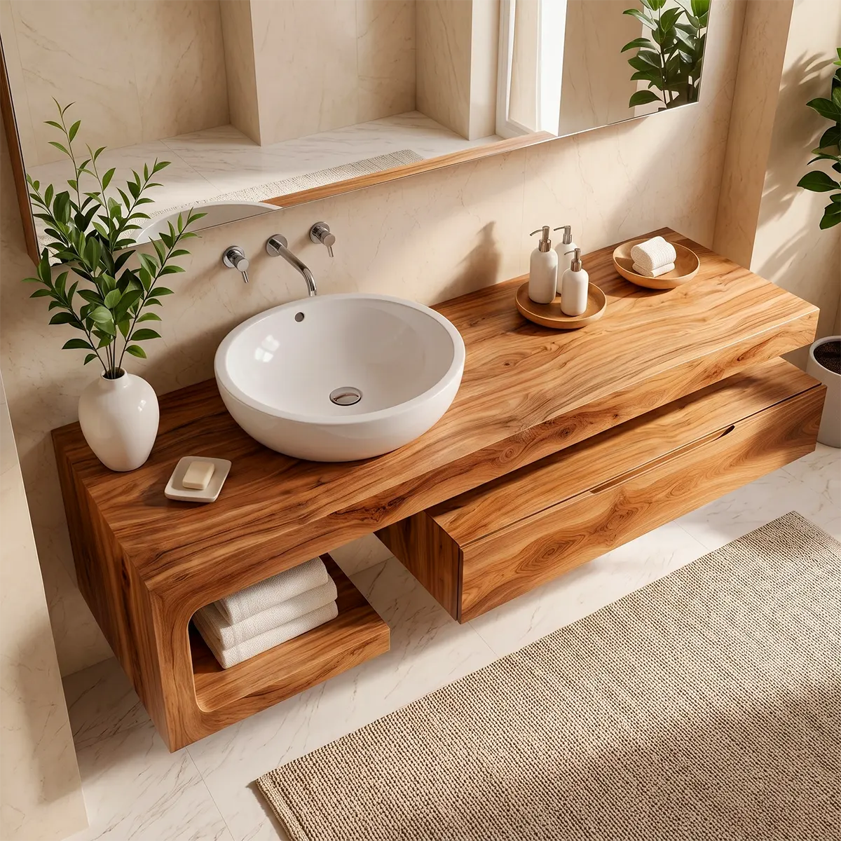 Floating Bathroom Vanity with Drawer & Open Shelf | Modern Curved Wall-Mounted Design TT006-2ZDO7SU