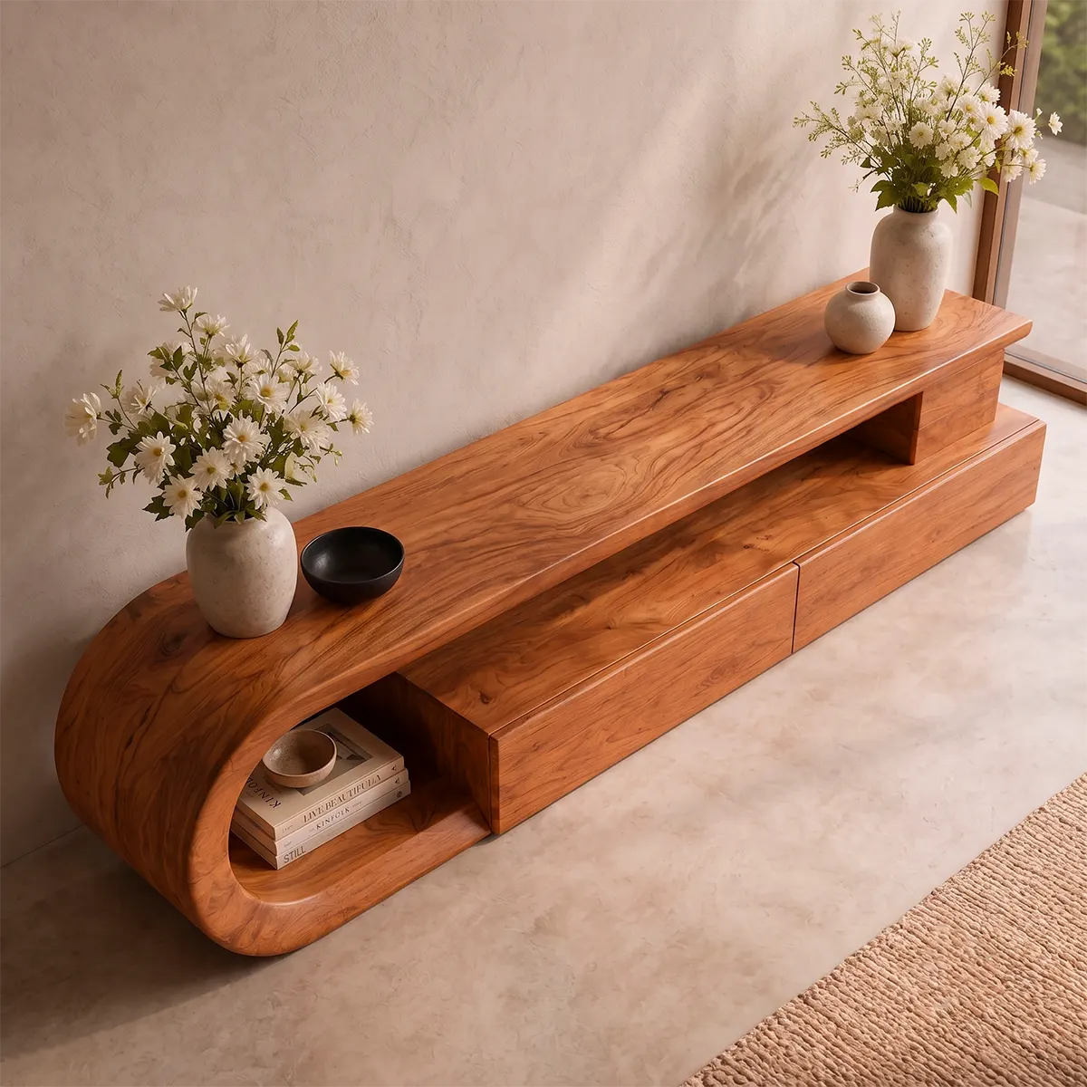 Sculptural Curved TV Stand with 3 Drawers & Open Shelving | Modern Low Profile Media Console TT006-6ELT4UJ