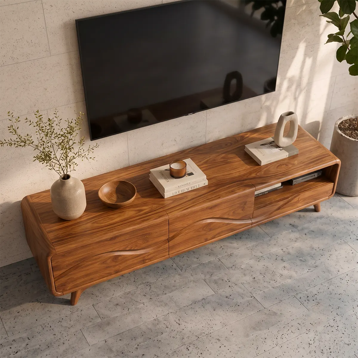 Modern TV Stand with 2 Enclosed Cabinets & Open Storage | Sculpted Wave Media Console TT006-9ORW3JY