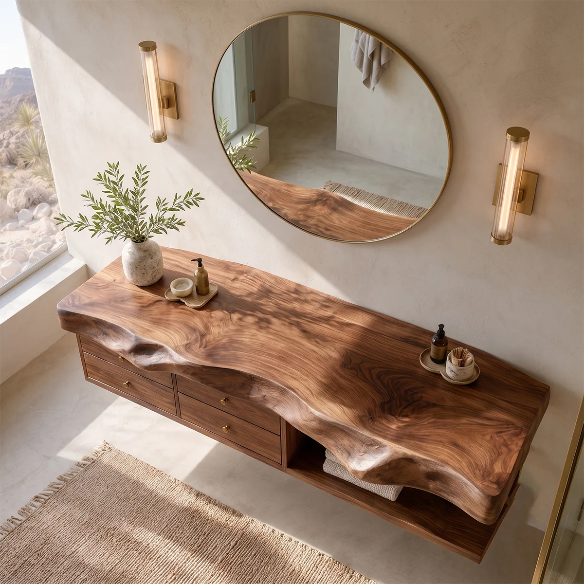 Organic Bathroom Vanity with 4 Drawers & Open Shelf | Freeform Edge Vanity Cabinet TT006-9HXZ1BE