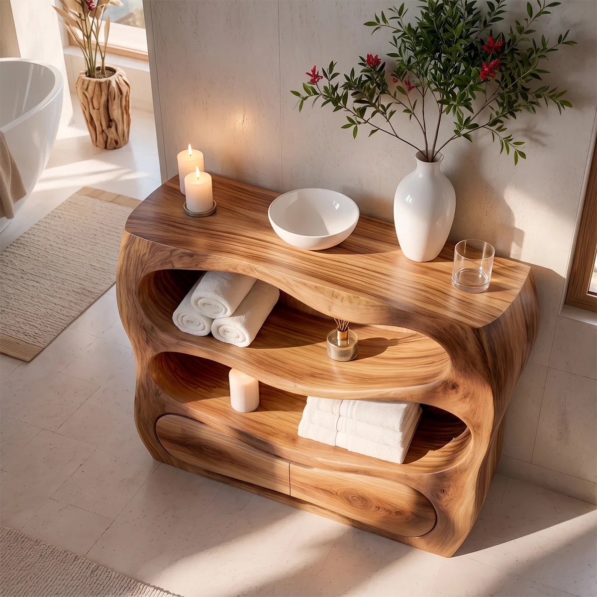 Sculptural Wood Bathroom Vanity | Organic Freestanding Vanity with Open Shelves & Storage Cabinet TT006-6NGL3LR