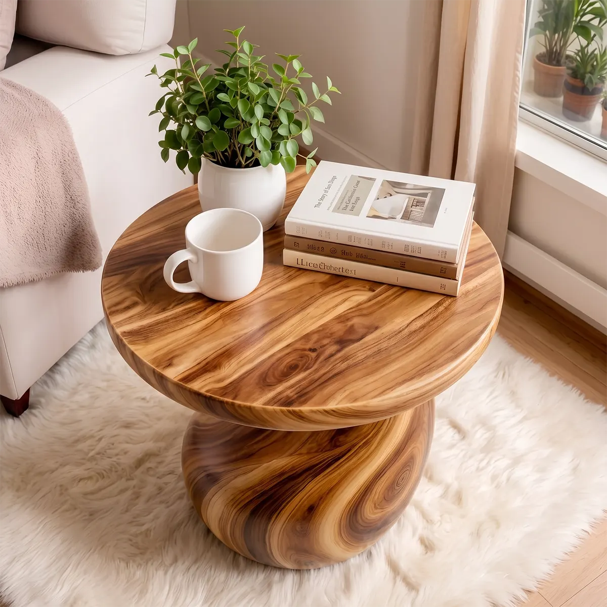 Sculptural S-Curve Wood End Table | Round Organic Pedestal Side Table TT006-2YGL2AE