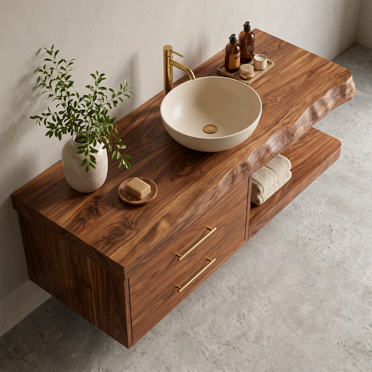 Floating Bathroom Vanity with 2 Drawers & Open Shelf | Organic Edge Modern Vanity TT006-9GFF3VU