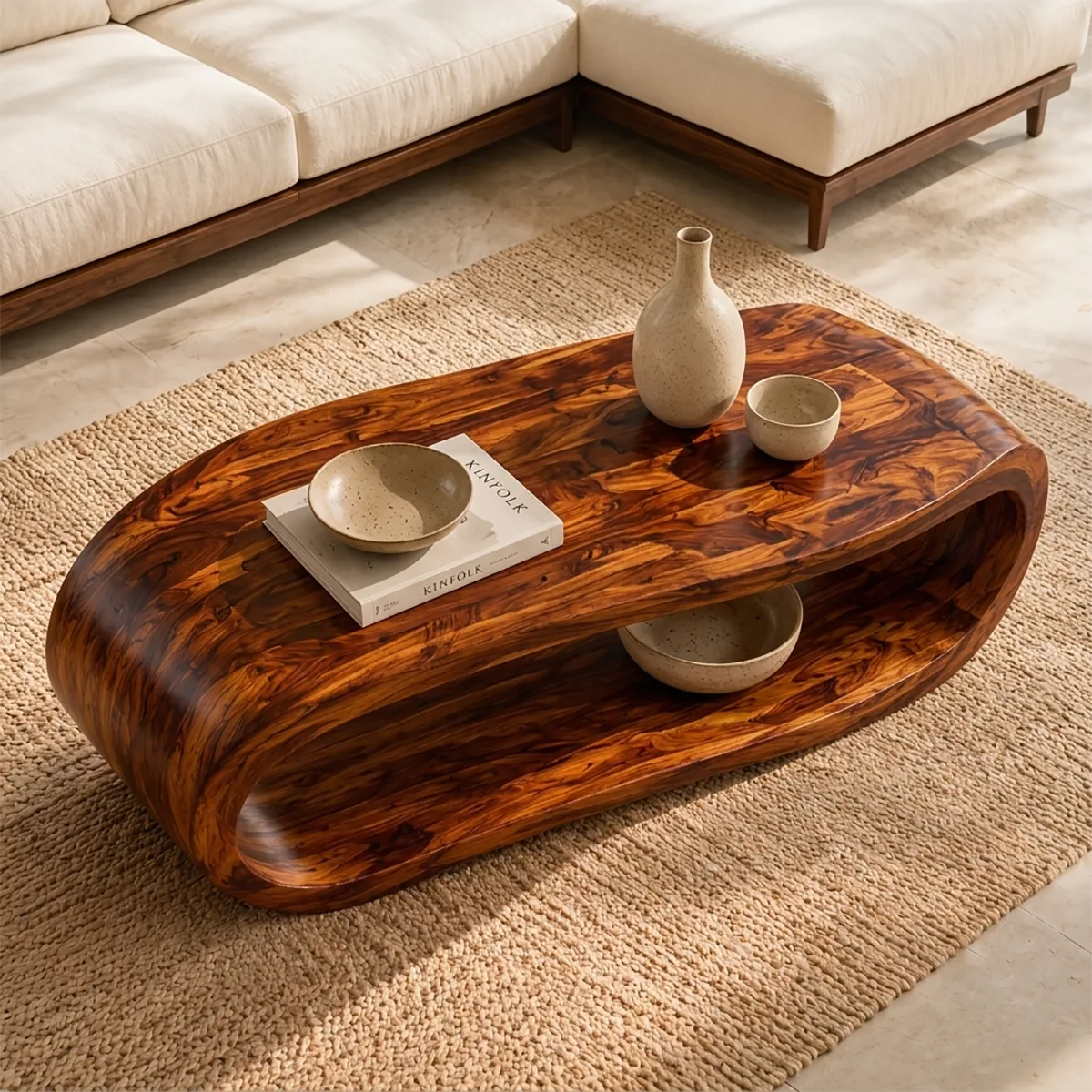 Sculptural Rounded Coffee Table with Open Lower Shelf | Organic Modern Living Room Table TT006-5HHT2PZ