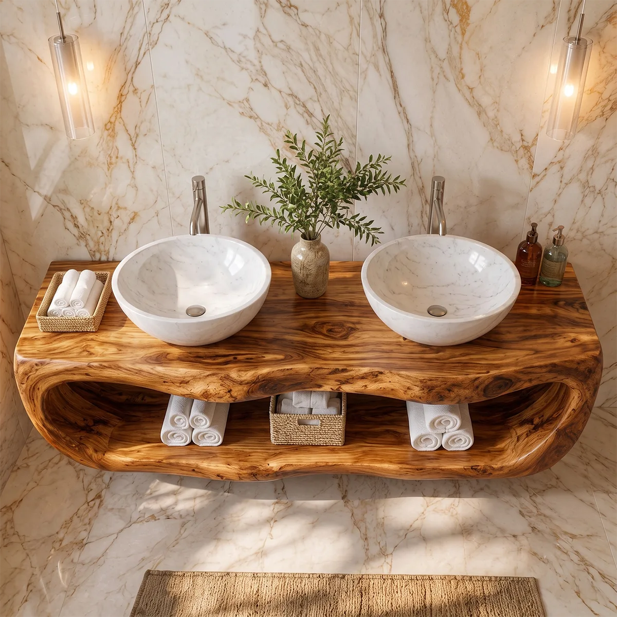 Floating Double Bathroom Vanity with Open Shelf | Sculptural Organic Edge Design TT006-7QQX8GI