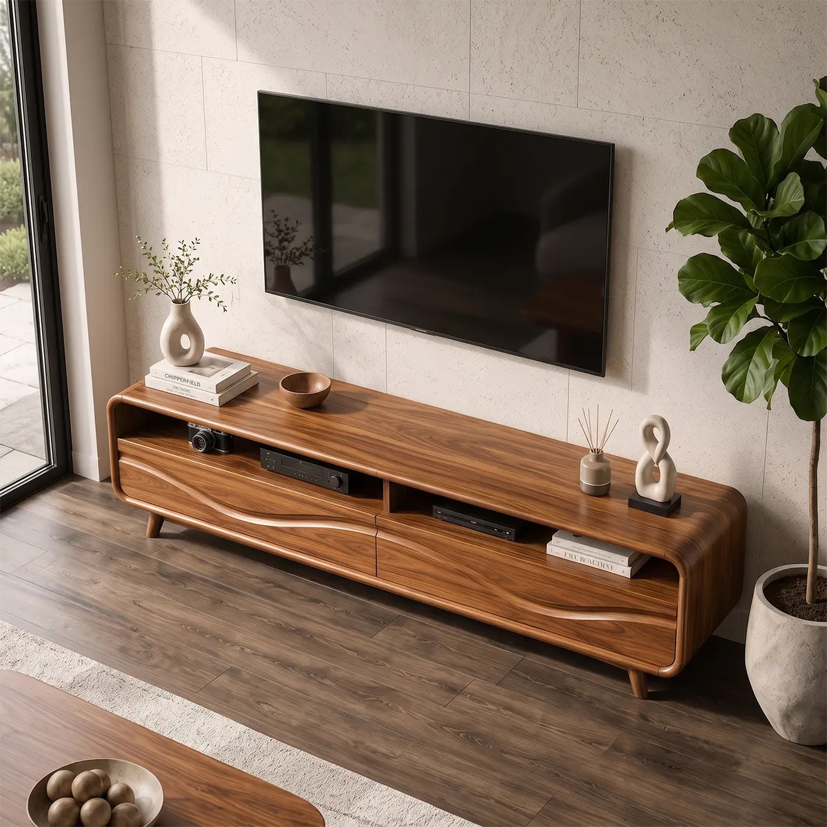 Modern TV Stand with 2 Open Shelves & Enclosed Storage | Sculptural Curved Media Console TT006-5OJR9XY