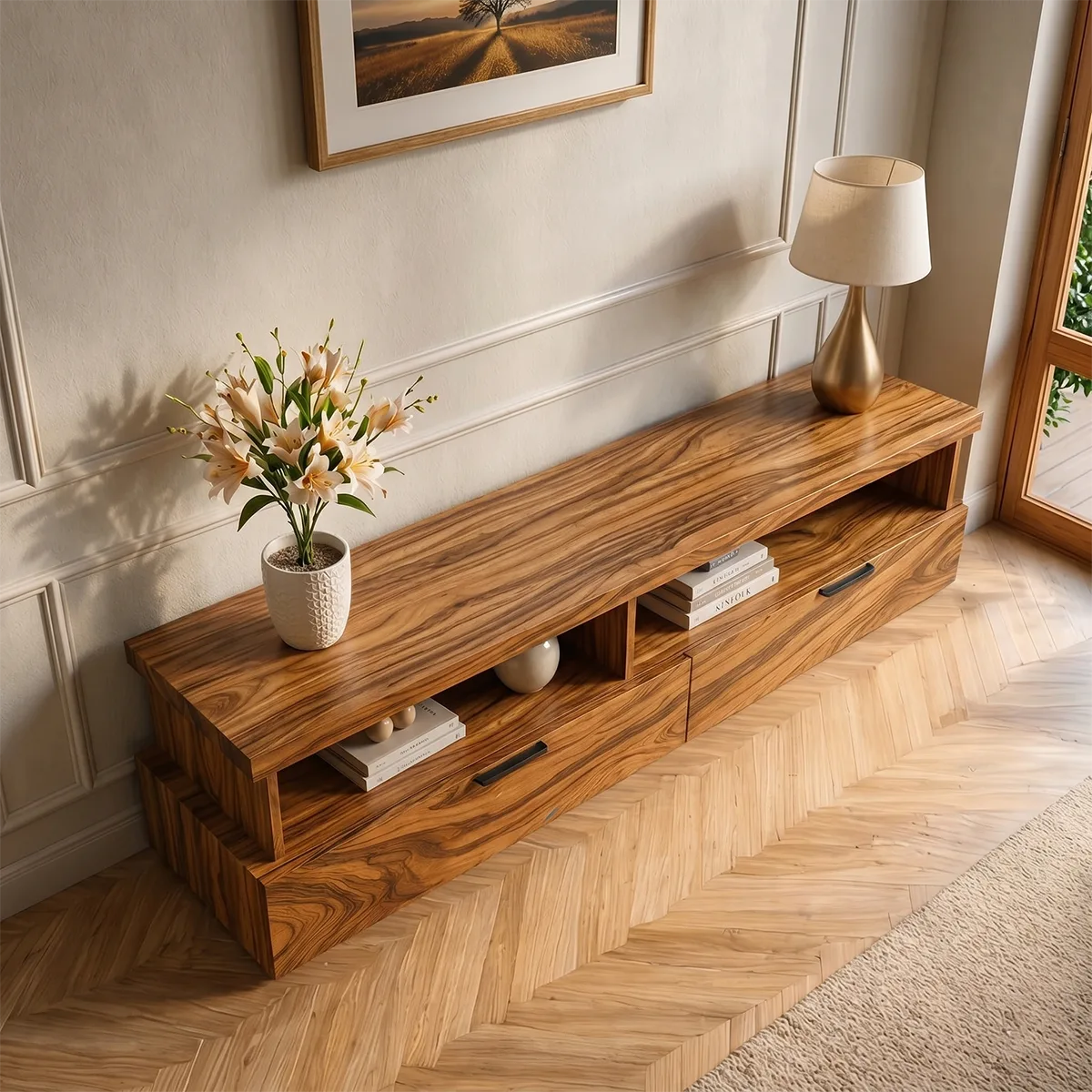 Modern Wood TV Stand with Open Shelves and 2 Drawers