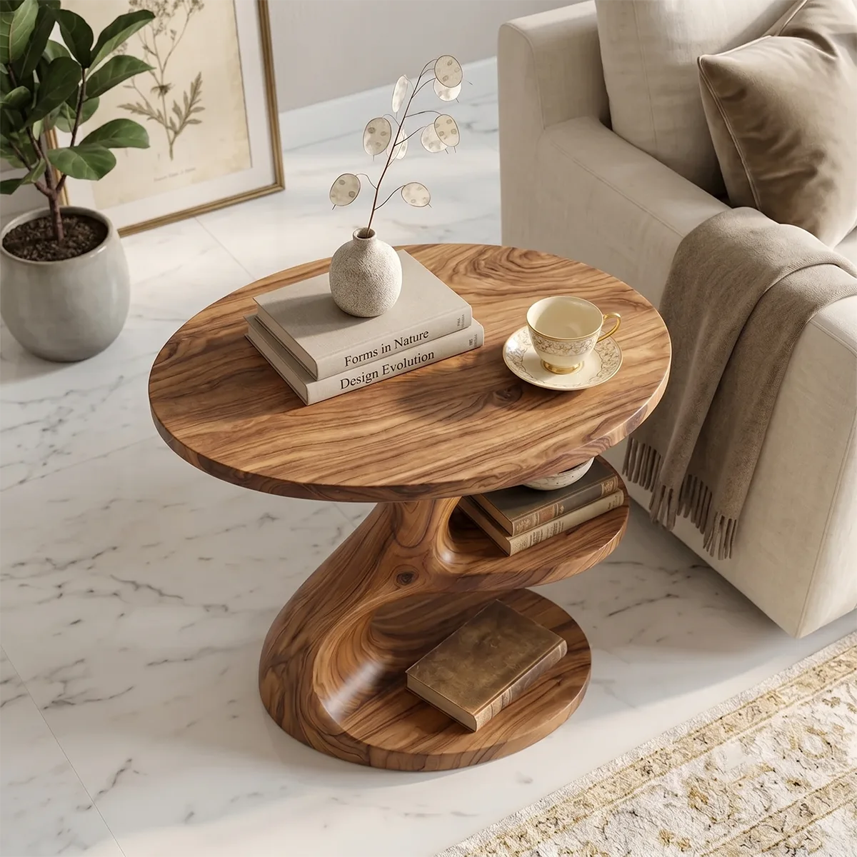 Sculptural Solid Wood End Table with Shelves | Organic Design TH003-3115