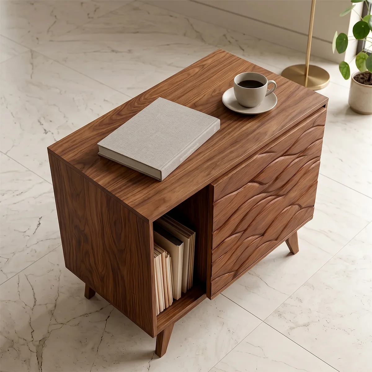Modern Solid Wood End Table with Sliding Door | Mid Century Storage Side Table TH003-6980