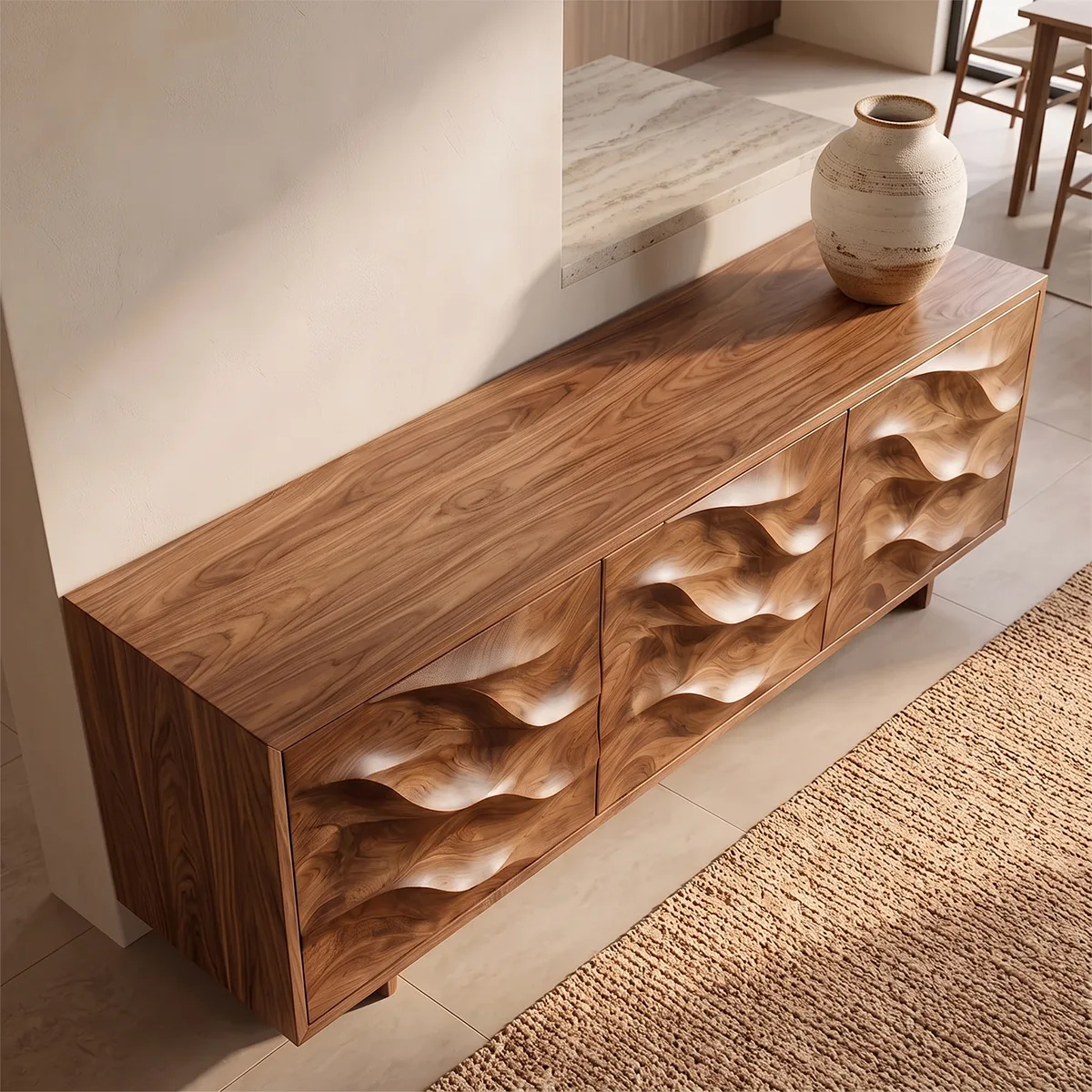 Wave Carved Solid Wood Sideboard | Organic Modern Buffet Cabinet for Dining & Living Room TH003-3569