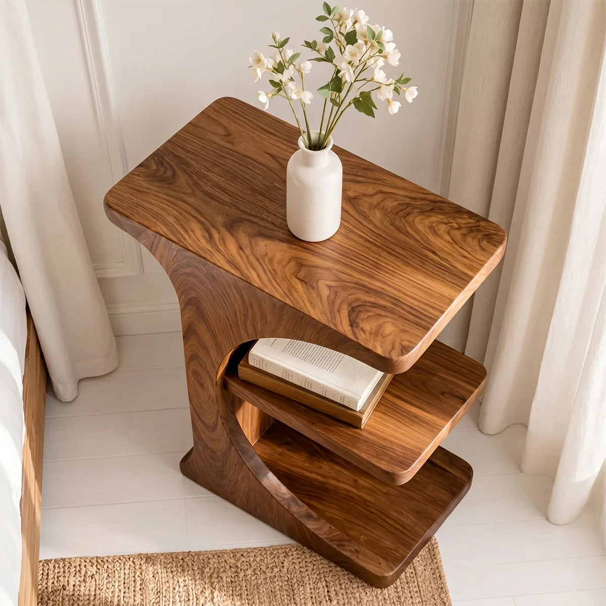 Sculptural Solid Wood Nightstand with Curved Open Shelf